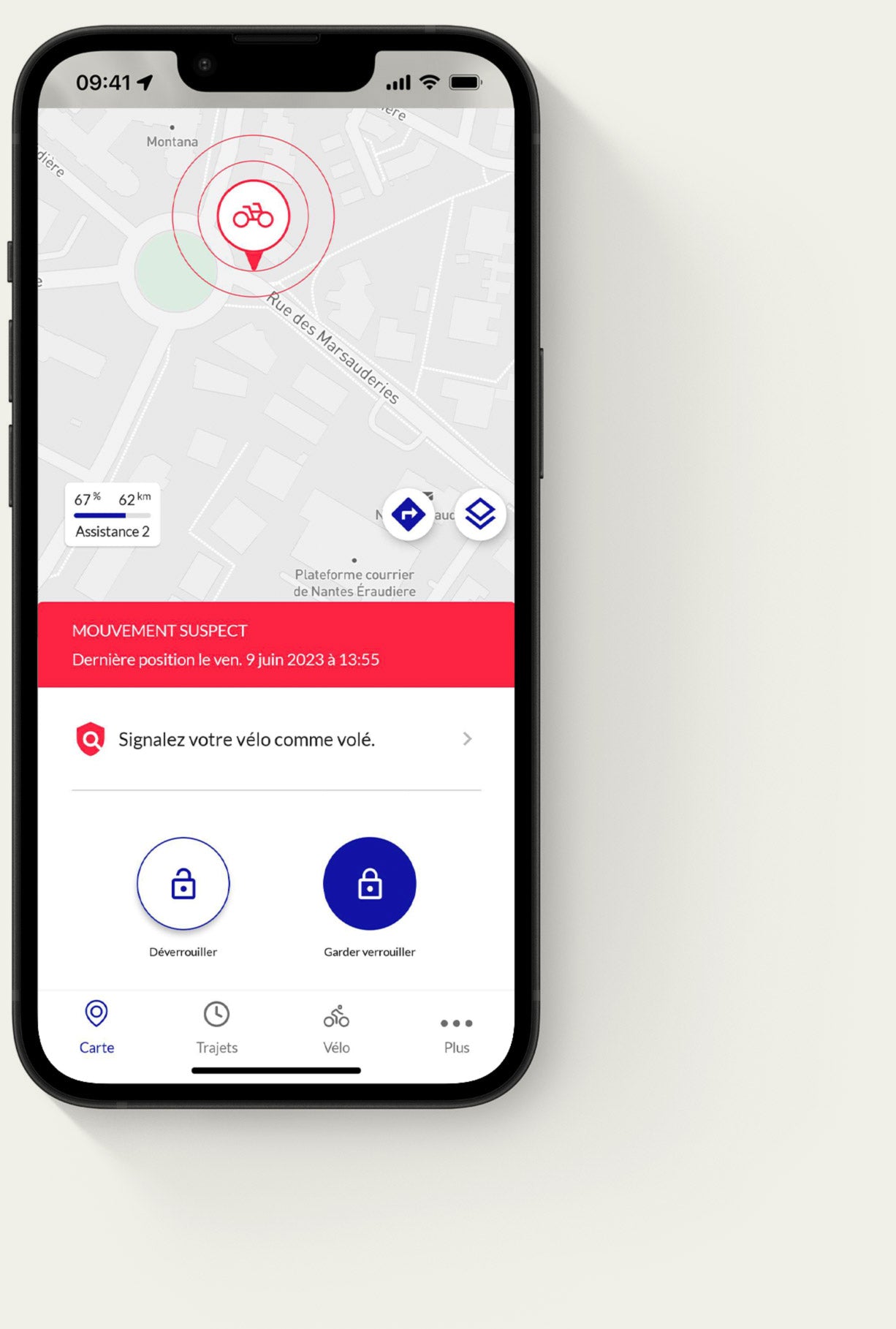 Application mobile Galian pour géolocaliser, verrouiller et sécuriser le vélo cargo longtail électrique