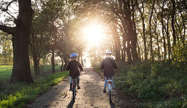 2 personnes à vélo roulent sur un chemin dans une forêt